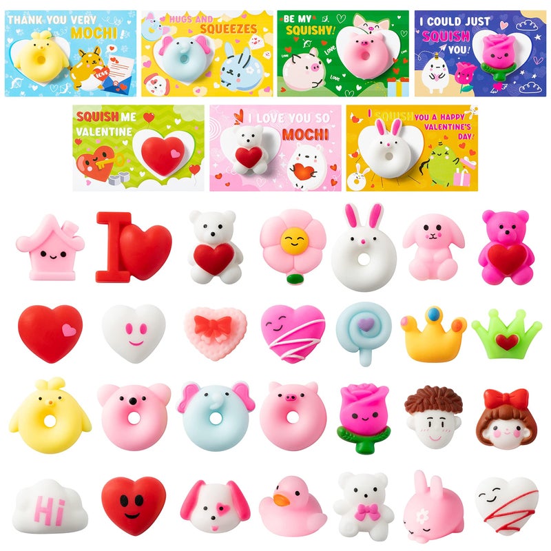 Haooryx Valentines Day Greeting Gifts Cards with Mochi Squishy Toys 28Pcs Mini Kawaii Heart Rose Stress Relief Squishy Sets for Kids Valentines Day School Classroom Prize Party Favor Gift Exchange - Image 3