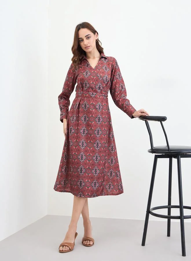 Styli Brown Floral A-Line Midi Dress