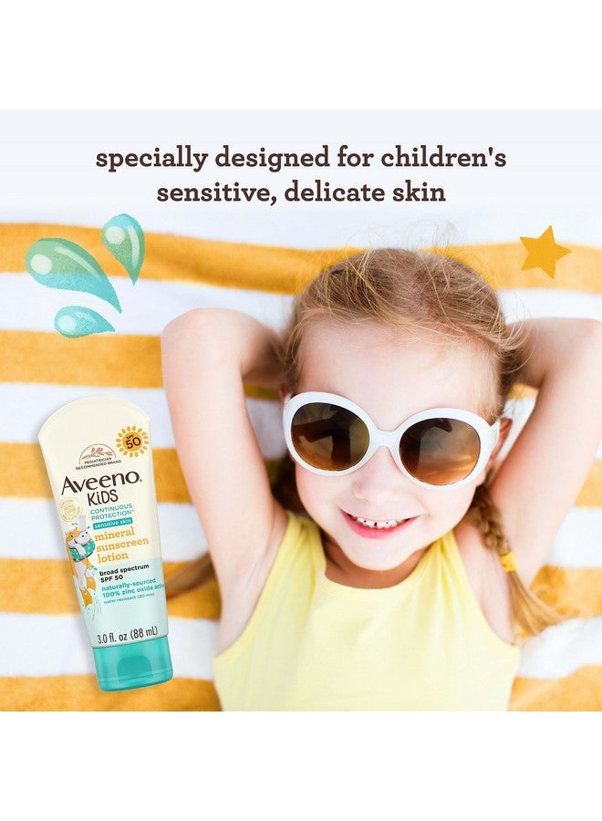 Aveeno Kids Continuous Protection Zinc Oxide Mineral Sunscreen Lotion for Children's Sensitive Skin with Broad Spectrum SPF 50, Tear-Free, Sweat- & Water-Resistant, Non-Greasy, 3 fl. oz - Image 3