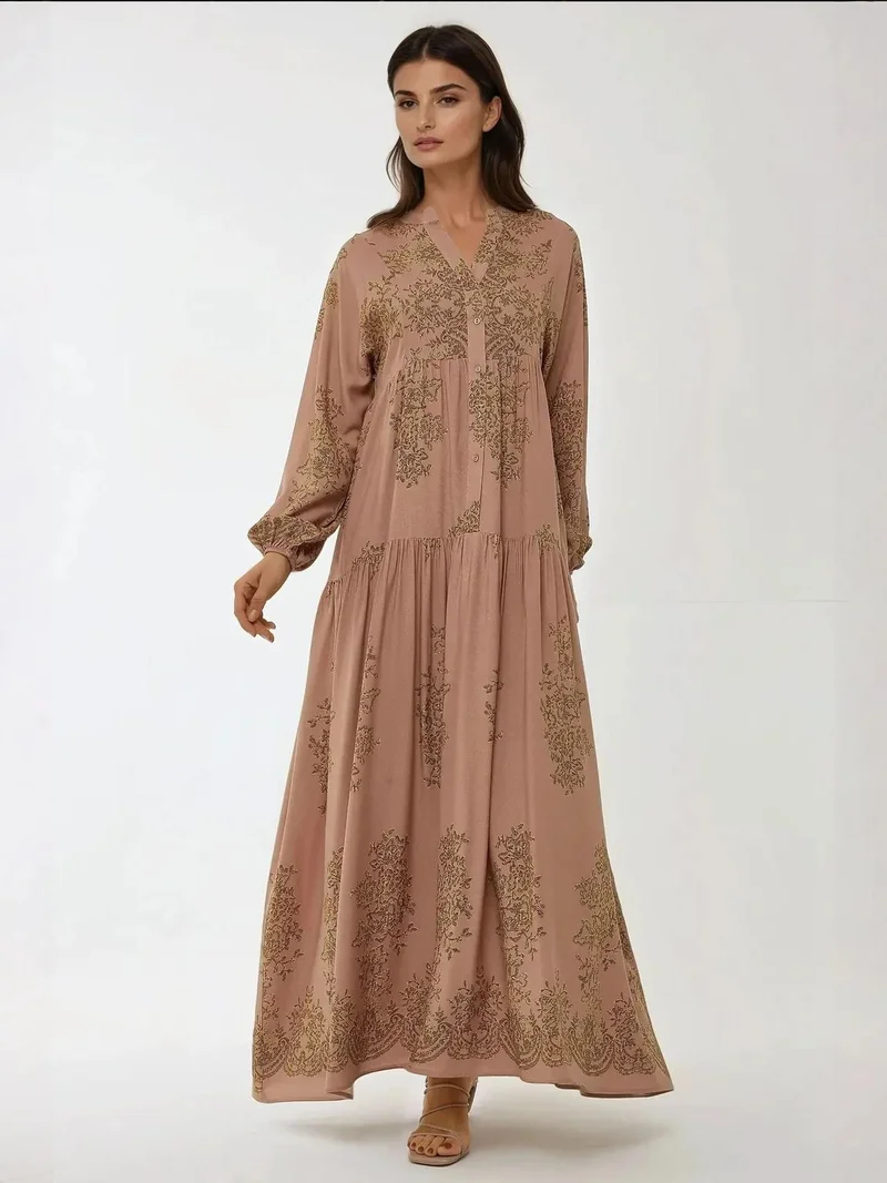 زوبعة فستان ماكسي فيسكون مطبوع بياقة قميص