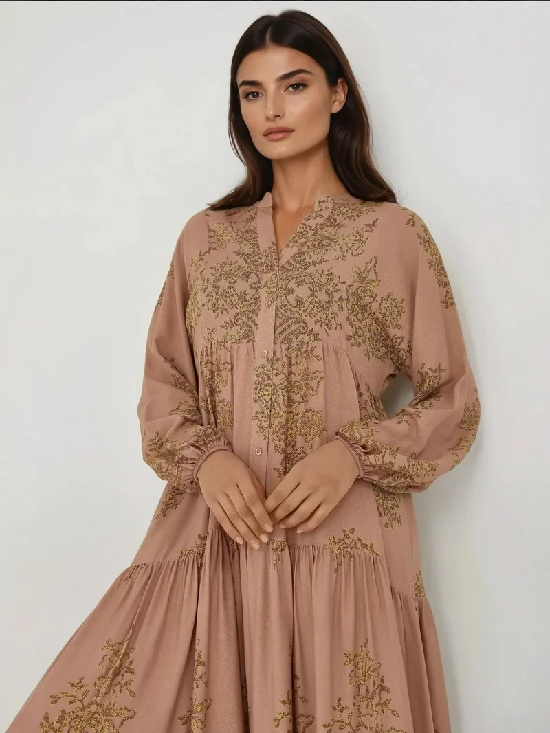 زوبعة فستان ماكسي فيسكون مطبوع بياقة قميص