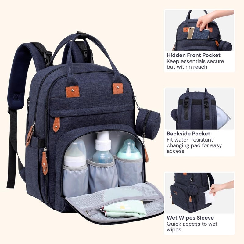 BabbleRoo Diaper Bag Backpack - Baby Essentials Travel Tote - Multi Function Water Resistant Diaper Bag, Travel Essentials Baby Bag with Changing Pad, Stroller Straps & Pacifier Case - Navy Blue - Image 5