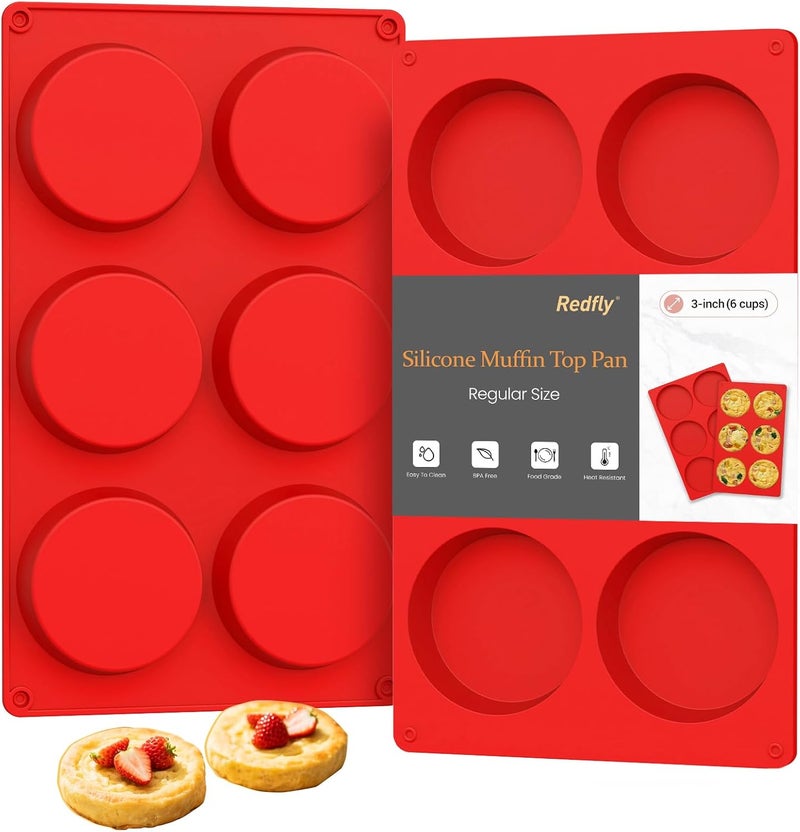 Redfly Silicone Egg Molds for Breakfast Sandwiches 2 Pcs, Non Stick 3 Inch Egg Bites Baking Pans, Silicone Muffin Pans for Baking, Round Muffin Top Pan for Whoopie Pie Pan, Tarts, Quiche - Image 1