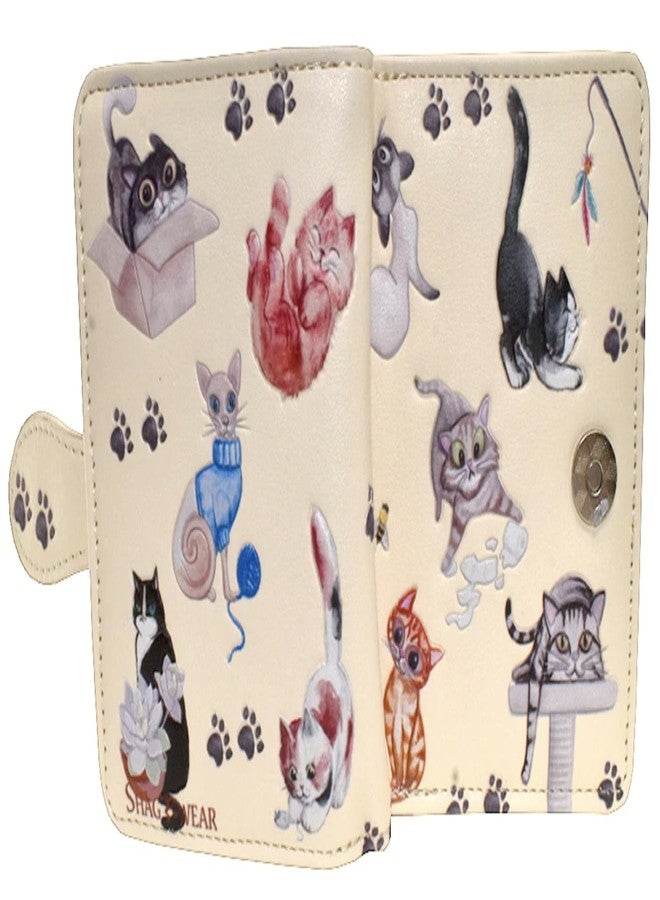Shag Wear Playful Cats Small Wallet for Women and Teen Girls Vegan Faux Leather Beige 4.5" - Image 1