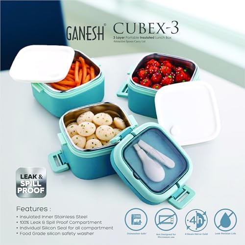 Ganesh 3 Compartment Cubex Insulated Food Container with Attractive Spoon - Airtight Leak-Proof Lunch Box for Office, School, Picnic 1140ml- Green - Image 2