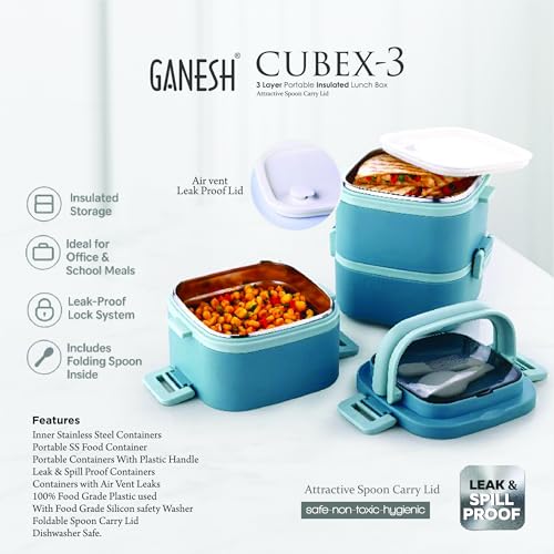Ganesh 3 Compartment Cubex Insulated Food Container with Attractive Spoon - Airtight Leak-Proof Lunch Box for Office, School, Picnic 1140ml- Green - Image 4