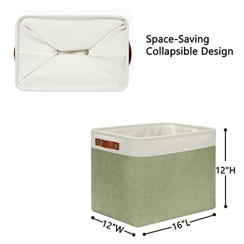 DULLEMELO 2-Pack Large Storage Baskets for Organizing 16"x12"x12" Canvas Fabric Storage Basket Bins With Leather Handles for Shelf Clothes Empty Gift Basket (White&Green) - Image 2