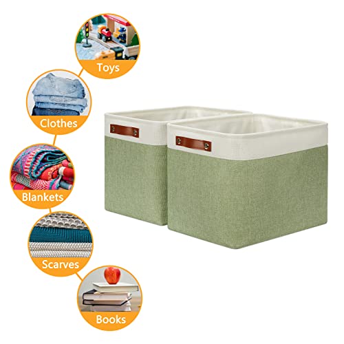 DULLEMELO 2-Pack Large Storage Baskets for Organizing 16"x12"x12" Canvas Fabric Storage Basket Bins With Leather Handles for Shelf Clothes Empty Gift Basket (White&Green) - Image 4