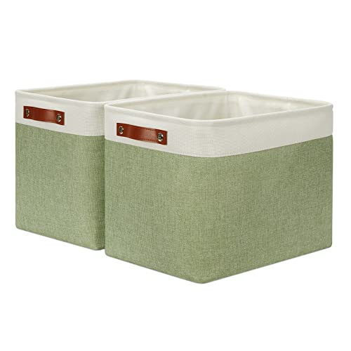 DULLEMELO 2-Pack Large Storage Baskets for Organizing 16"x12"x12" Canvas Fabric Storage Basket Bins With Leather Handles for Shelf Clothes Empty Gift Basket (White&Green) - Image 1