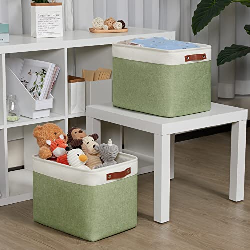 DULLEMELO 2-Pack Large Storage Baskets for Organizing 16"x12"x12" Canvas Fabric Storage Basket Bins With Leather Handles for Shelf Clothes Empty Gift Basket (White&Green) - Image 3