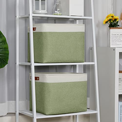 DULLEMELO 2-Pack Large Storage Baskets for Organizing 16"x12"x12" Canvas Fabric Storage Basket Bins With Leather Handles for Shelf Clothes Empty Gift Basket (White&Green) - Image 5