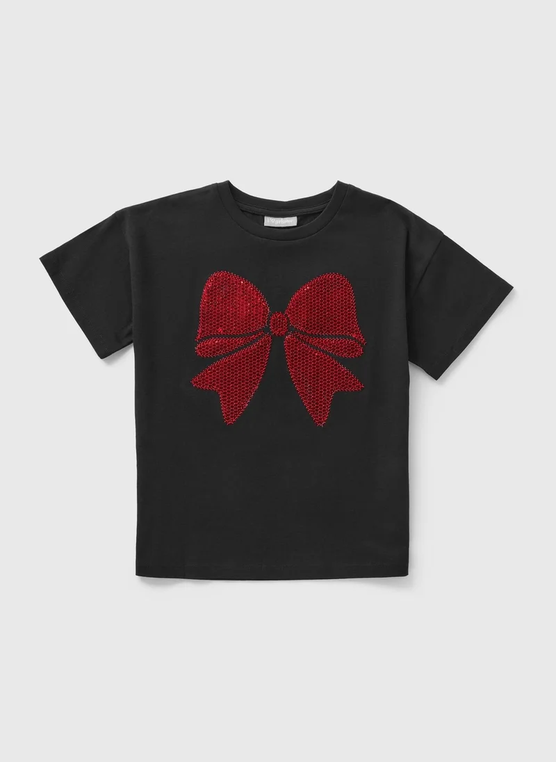 Matalan Girls Black Sequin Bow T-Shirt