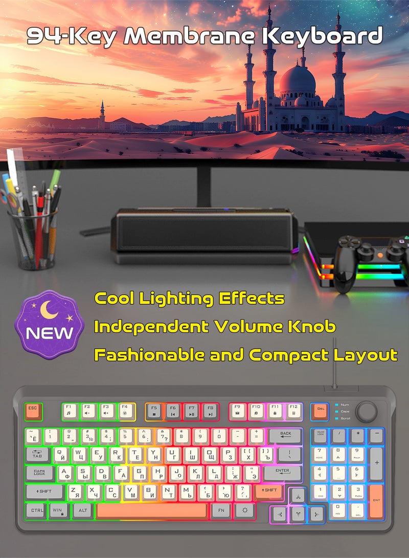 XUNFOX 94-Key Wired Keyboard - Membrane Keyboard - Gaming Keyboard - Office Keyboard - Built-in Volume Adjustment Knob - RGB Light Effect - Computer Keyboard  - Image 1