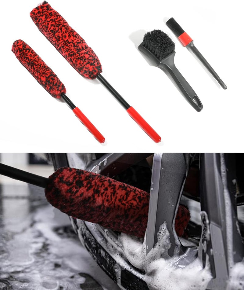 ESEWALAS 4 Pack Car Detailing Brushes,Car Wheel Brush Set, Car Cleaning Brush Kit Include 2X Soft Wheel Cleaning Brush,Detailing Brush and Stiff Tire Brush,Wheel Cleaner Brush - Image 1