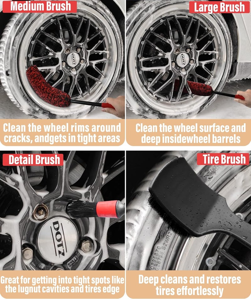 ESEWALAS 4 Pack Car Detailing Brushes,Car Wheel Brush Set, Car Cleaning Brush Kit Include 2X Soft Wheel Cleaning Brush,Detailing Brush and Stiff Tire Brush,Wheel Cleaner Brush - Image 3