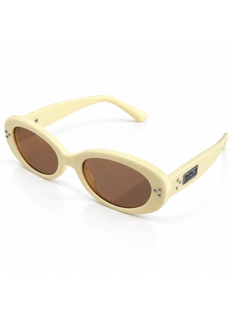 Cream Frame Oval Sunglasses with Brown Lenses