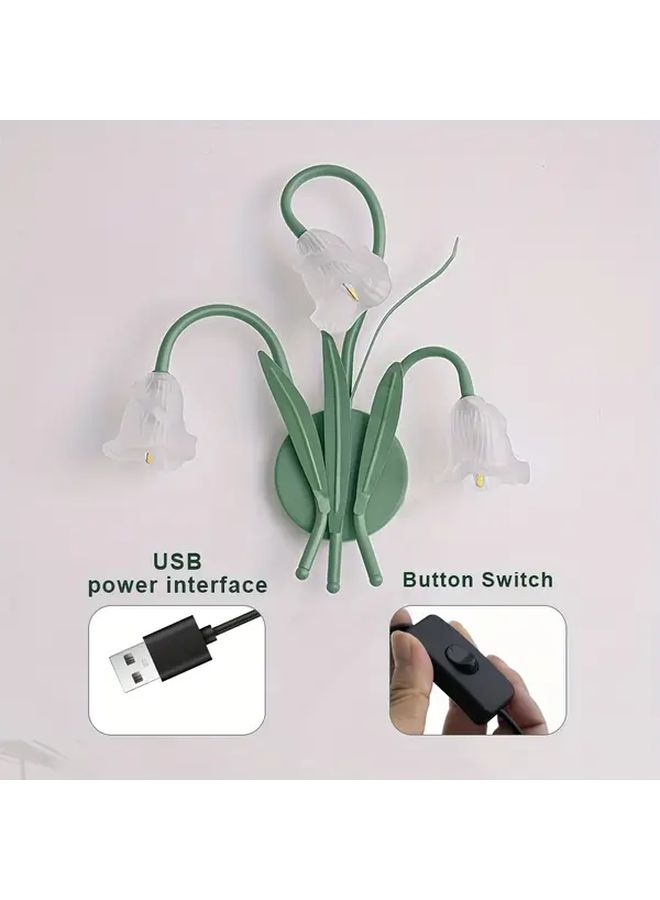 Green French Countryside USB Powered Wall Lamp With Floral Glass Design For Bedroom Living Room And Study Decor - Image 4