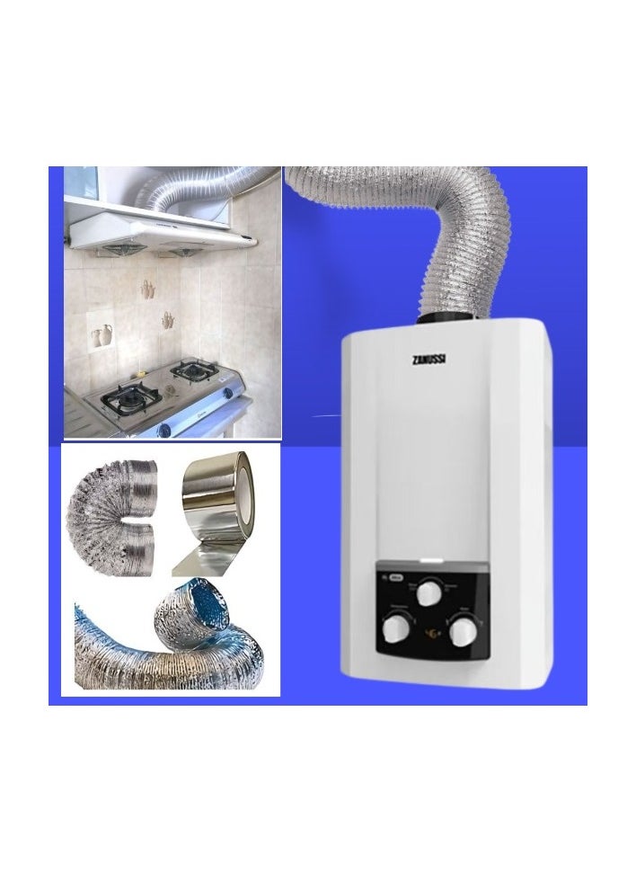 A hobby or chimney that expands to 5 meters and a diameter of 5 inches (12.55 cm) of thermally expandable aluminum for the kitchen hood, gas heater and air conditioner + a special thermal paste roll of 23 yards + a hobby hood with a button to control the opening and closing