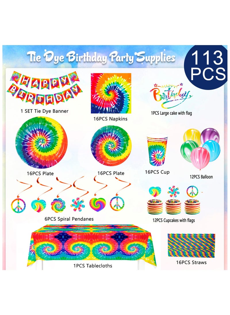 FRUITFUL PARTY Multicolor Tie Dye Birthday Party Supplies for 16 Guests, Tie Dye Disposable Party Tableware Tie Dye Theme Decorations  - Image 2