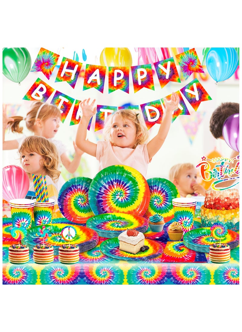 FRUITFUL PARTY Multicolor Tie Dye Birthday Party Supplies for 16 Guests, Tie Dye Disposable Party Tableware Tie Dye Theme Decorations  - Image 4