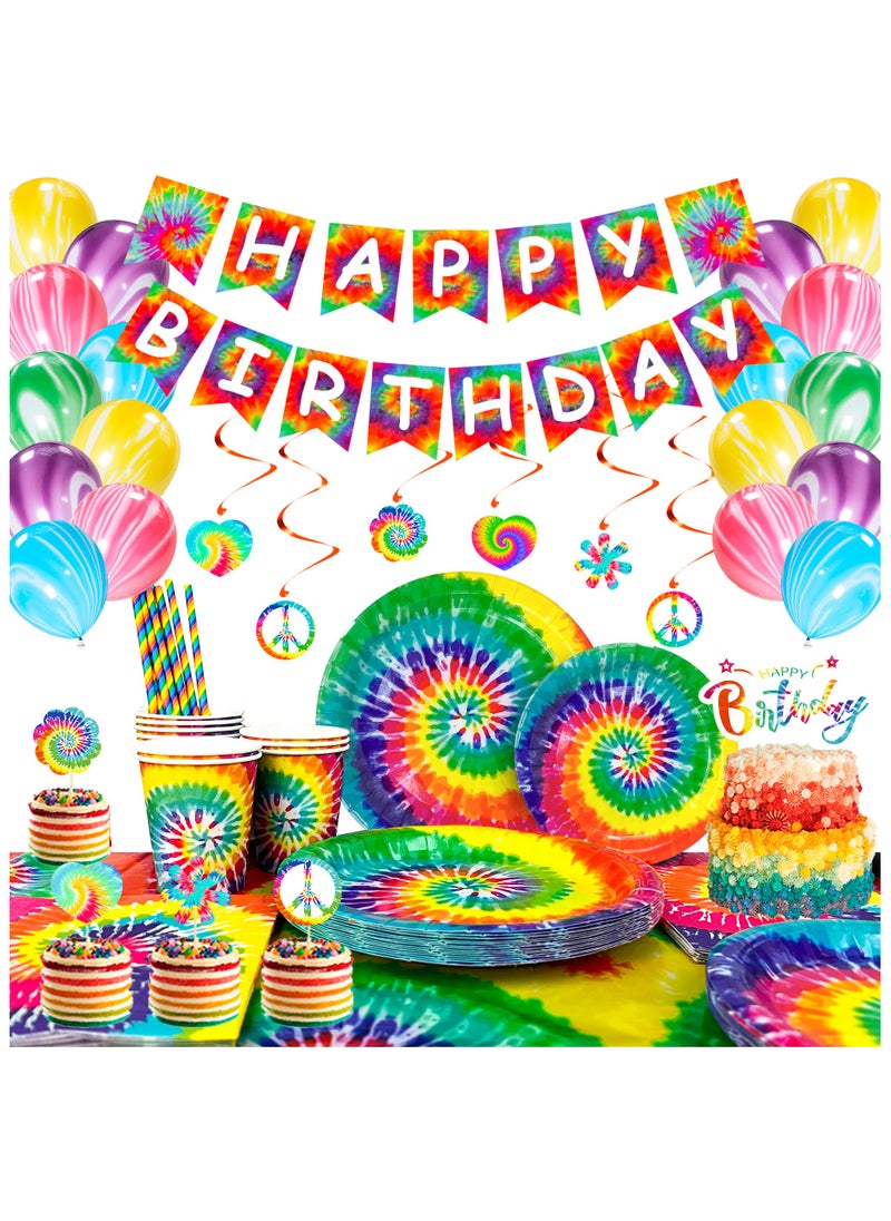 FRUITFUL PARTY Multicolor Tie Dye Birthday Party Supplies for 16 Guests, Tie Dye Disposable Party Tableware Tie Dye Theme Decorations  - Image 1