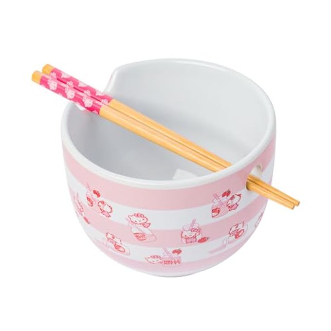 Silver Buffalo Sanrio Hello Kitty Strawberry Milk Pattern Ceramic Ramen Noodle Rice Bowl with Chopsticks, Microwave Safe, 20 Ounces - Image 1