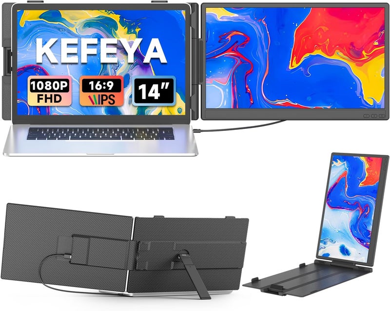 KEFEYA - موسع شاشة الكمبيوتر المحمول، شاشة محمولة مقاس 14 بوصة بدقة FHD 1080P، شاشة عرض مزدوجة لأجهزة الكمبيوتر المحمولة من 13 إلى 17 بوصة، مع منافذ USB-C/HDMI، تشغيل فوري لـ - Image 1