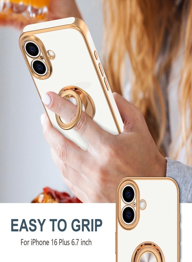 Hython for iPhone 16 Plus Case with Ring Stand, 360° Rotatable Ring Holder Magnetic Kickstand, Plating Rose Gold Edge Soft Cover Protective Phone Case for iPhone 16 Plus 6.7", White - Image 2