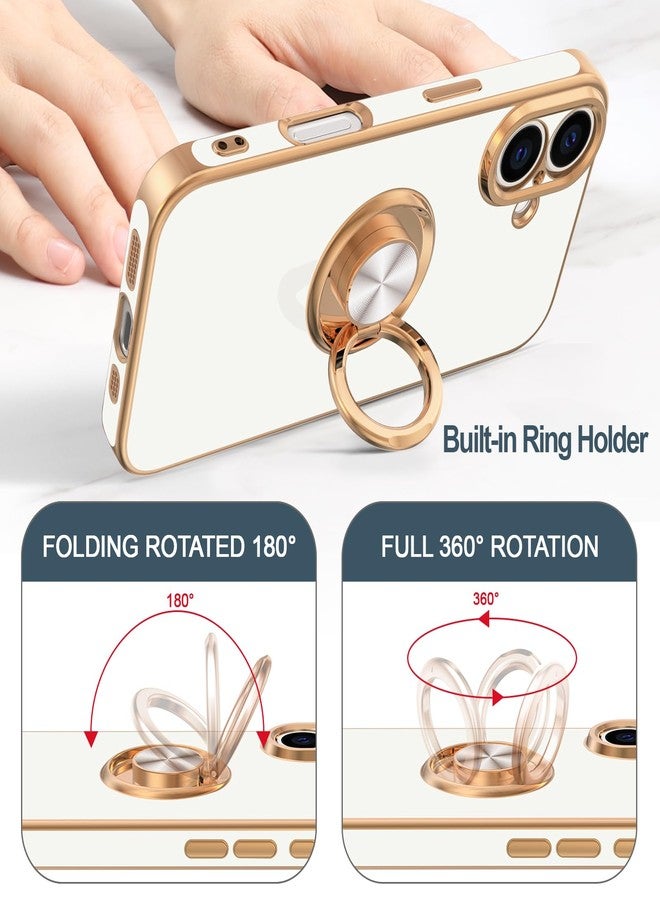 Hython for iPhone 16 Plus Case with Ring Stand, 360° Rotatable Ring Holder Magnetic Kickstand, Plating Rose Gold Edge Soft Cover Protective Phone Case for iPhone 16 Plus 6.7", White - Image 4