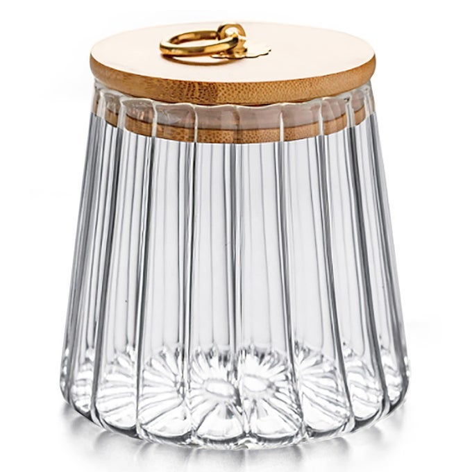 GLASS COFFEE NUTS CANISTER AIRTIGHT STORAGE JAR PETAL DECORATIVE CONTAINER WITH BAMBOO LID METAL HANDLE EASY TO GRASP 1600ML 54 FL OZ LARGE CONICAL
