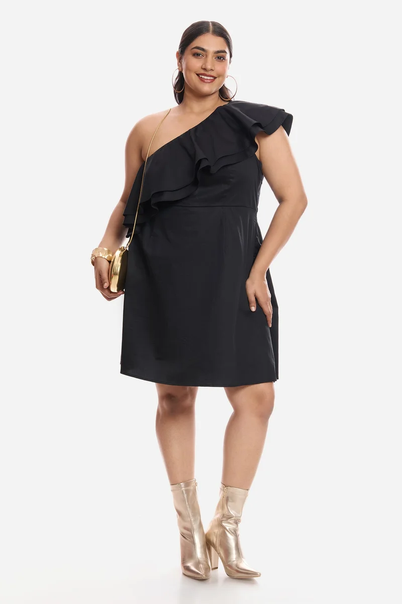 فيرجيو Solid Cotton One Shoulder Mini Plus Size Dress With Ruffles for Women