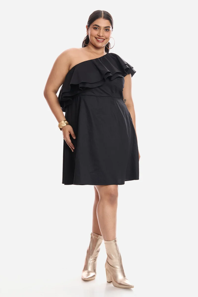 فيرجيو Solid Cotton One Shoulder Mini Plus Size Dress With Ruffles for Women