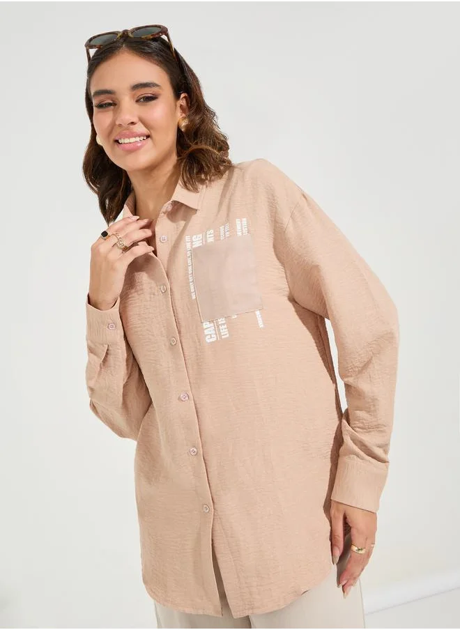 Styli Printed Pocket Detail Oversized Longline Shirt