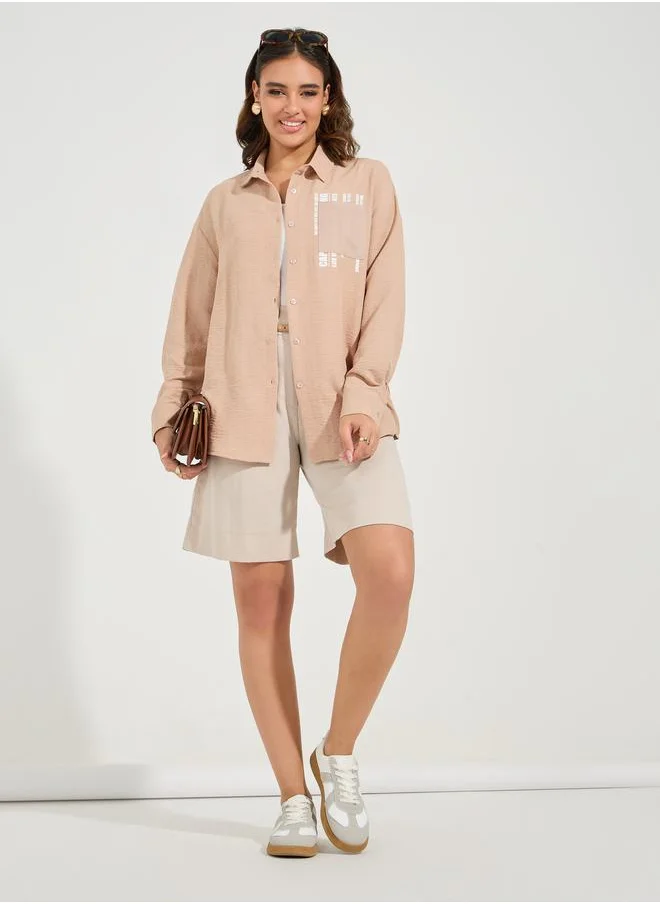 Styli Printed Pocket Detail Oversized Longline Shirt