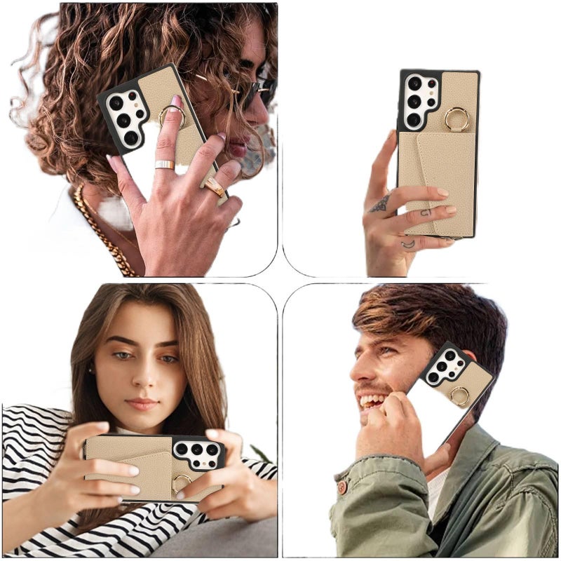 غطاء واقي | حامل بطاقات | مقاوم للصدمات لـ Samsung Galaxy S24 Ultra | أسود | ملمس جلد | حماية من السقوط - Image 5