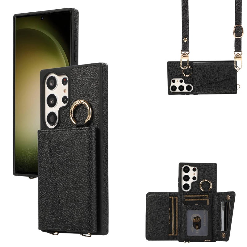 غطاء واقي | حامل بطاقات | مقاوم للصدمات لـ Samsung Galaxy S24 Ultra | أسود | ملمس جلد | حماية من السقوط - Image 1