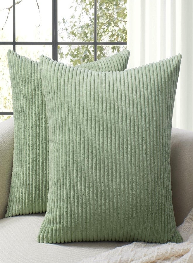 Softalker Throw Pillow Covers 18x18, Set of 2 Decorative Soft Corduroy Striped Boho Pillow Covers, Modern Home Cushion Pillow Cases for Spring,Farmhouse Decor, Couch Sofa Bed & Living Room, Sage Green - Image 1