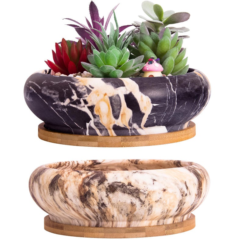 Artketty Succulent Pots - 7.3 Inch Ceramic Bonsai Pots With Trays Set Of 2  Large Succulent Plant Pots With Drainage Shallow Planters For Indoor Plants Marble Cactus Flower Plant Container Bowl - Image 1