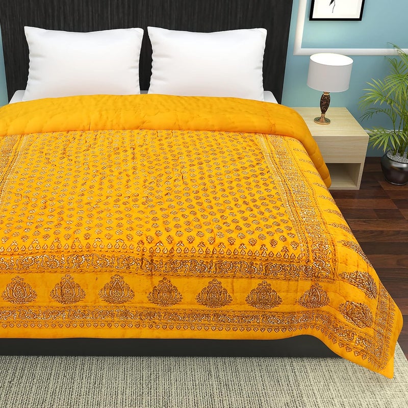 TEEJA Jaipuri Razai Organic Pure Cotton Sanganeri Print Ac Quilt for All Season Soft Light Weight Rajasthani Cotton Quilt Double Bed Yellow - Image 1