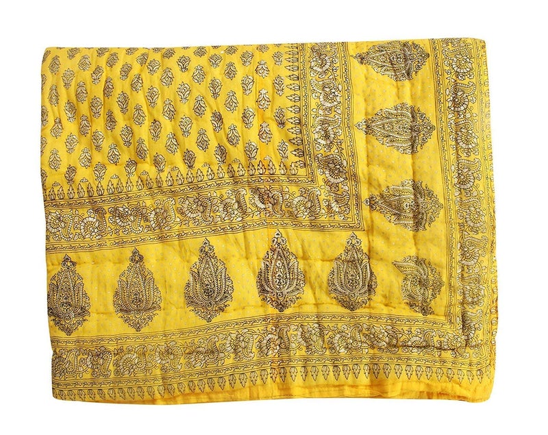 TEEJA Jaipuri Razai Organic Pure Cotton Sanganeri Print Ac Quilt for All Season Soft Light Weight Rajasthani Cotton Quilt Double Bed Yellow - Image 3