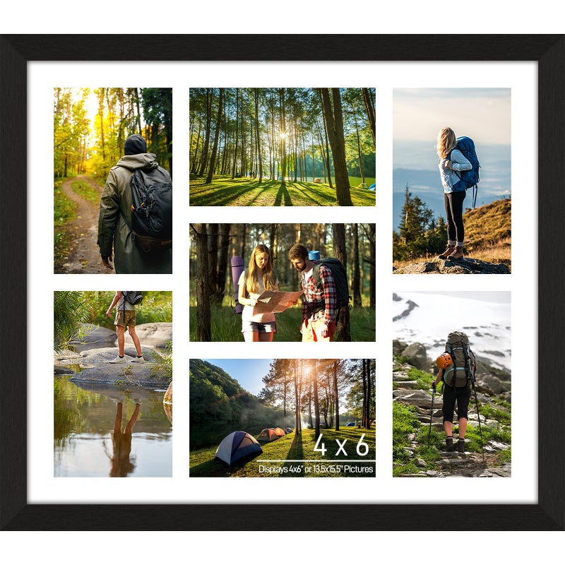 Lacopgr 4x6 Picture Frame Collage 7 Openings, 13.5"x15.5" Multi Photo Collage Frame 4"x6" Gallery Wall Decor Wooden, Black Frame with White Mat, Wood - Image 1