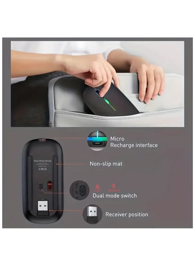 ماوس ألعاب لاسلكي مزدوج الوضع 5.1+2.4 جيجا، ماوس USB قابل لإعادة الشحن، إضاءة خلفية صامتة، مريح، لأجهزة الكمبيوتر المحمول وأجهزة iPad  - Image 5