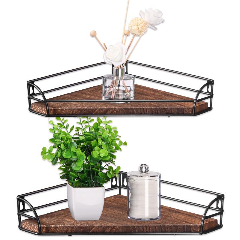 Photect Corner Shelf Wall Mount, Wooden Corner Floating Shelves Set of 2, Bathroom Corner Shelf Storage and Display Hanging Plant Shelves for Restroom Living Room Kitchen Bedroom - Image 1