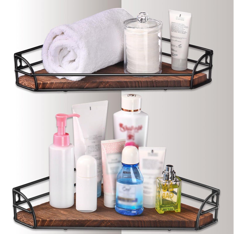 Photect Corner Shelf Wall Mount, Wooden Corner Floating Shelves Set of 2, Bathroom Corner Shelf Storage and Display Hanging Plant Shelves for Restroom Living Room Kitchen Bedroom - Image 4