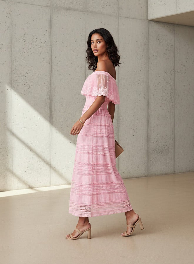 تواكستريمز فستان كتف مكشوف دانتيل  بكسرات بوليستر - Image 3