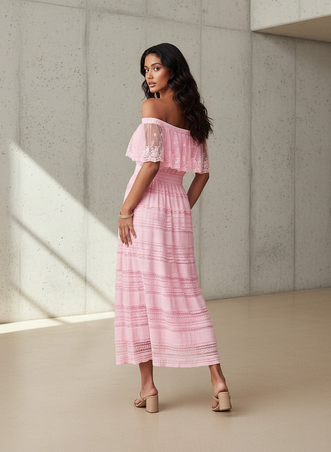 تواكستريمز فستان كتف مكشوف دانتيل  بكسرات بوليستر - Image 2