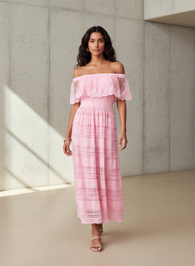 تواكستريمز فستان كتف مكشوف دانتيل  بكسرات بوليستر - Image 1