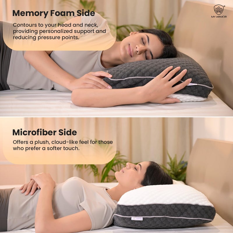 MY ARMOR وسادة MY ARMOR الهجينة - صلابة مزدوجة لراحة مخصصة | جانب من الذاكرة لدعم الرأس والرقبة الثابت، جانب من الألياف الدقيقة لشعور ناعم مثل السحاب | 25x15.5x5 بوصة | غلاف من البامبو، أبيض - Image 3