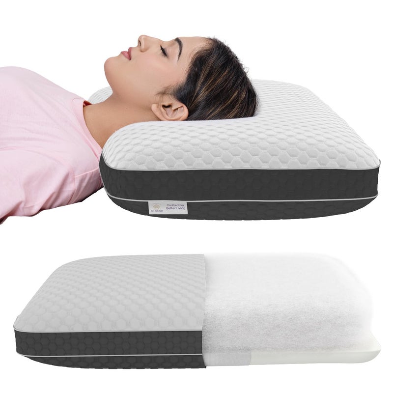 MY ARMOR وسادة MY ARMOR الهجينة - صلابة مزدوجة لراحة مخصصة | جانب من الذاكرة لدعم الرأس والرقبة الثابت، جانب من الألياف الدقيقة لشعور ناعم مثل السحاب | 25x15.5x5 بوصة | غلاف من البامبو، أبيض - Image 1