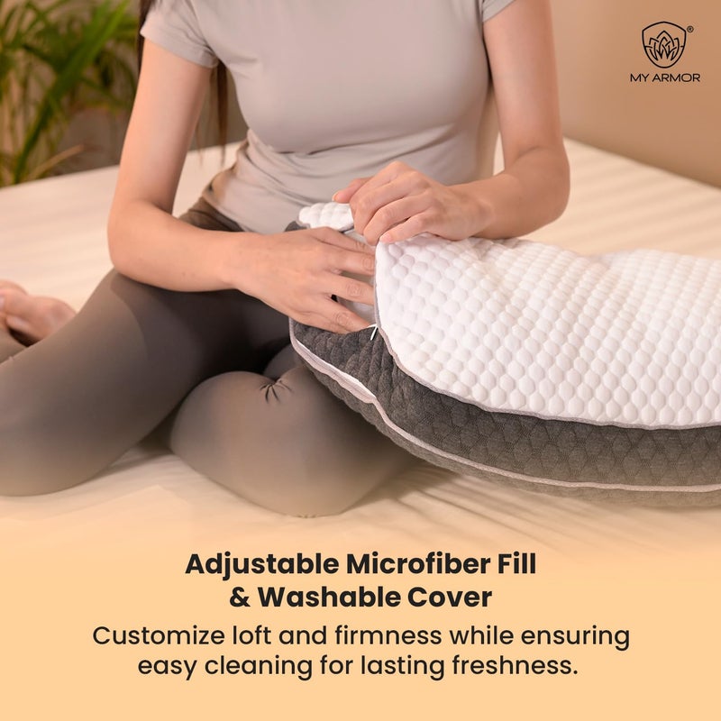 MY ARMOR وسادة MY ARMOR الهجينة - صلابة مزدوجة لراحة مخصصة | جانب من الذاكرة لدعم الرأس والرقبة الثابت، جانب من الألياف الدقيقة لشعور ناعم مثل السحاب | 25x15.5x5 بوصة | غلاف من البامبو، أبيض - Image 4